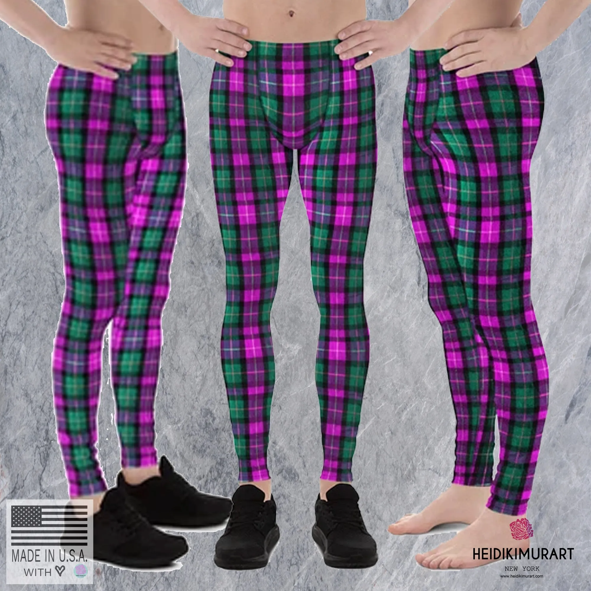 Pink Green Plaid Print Meggings, Pink Green Tartan Plaid Print Best Designer Meggings, Men's Running Leggings Run Tights-Made in USA/EU/MX