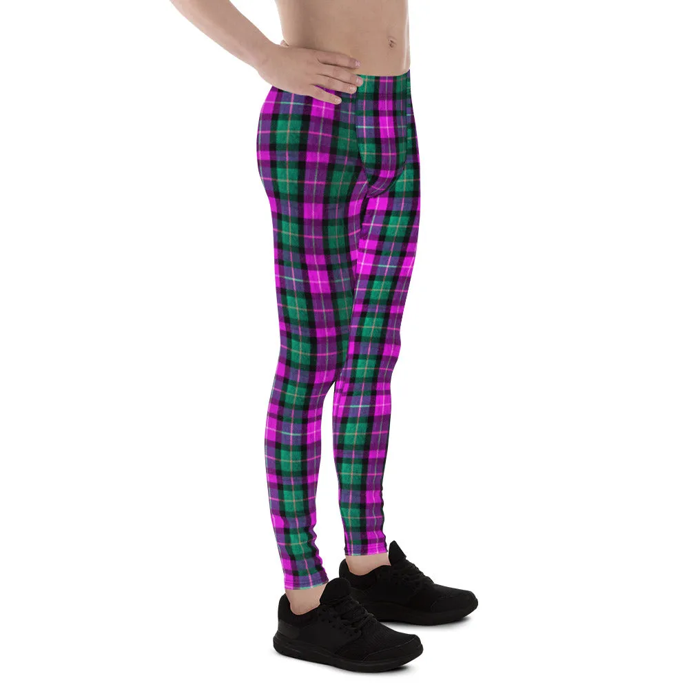 Pink Green Plaid Print Meggings, Pink Green Tartan Plaid Print Best Designer Meggings, Men's Running Leggings Run Tights-Made in USA/EU/MX