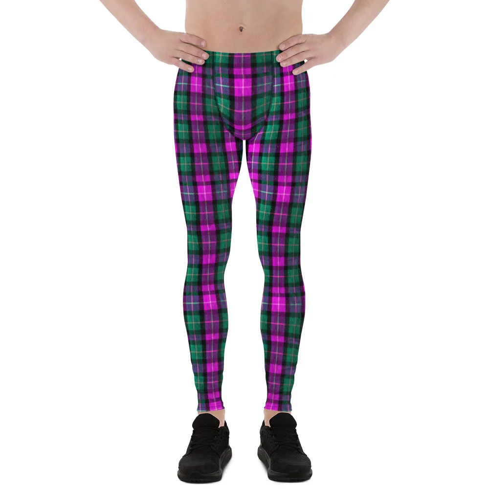 Pink Green Plaid Print Meggings, Pink Green Tartan Plaid Print Best Designer Meggings, Men's Running Leggings Run Tights-Made in USA/EU/MX