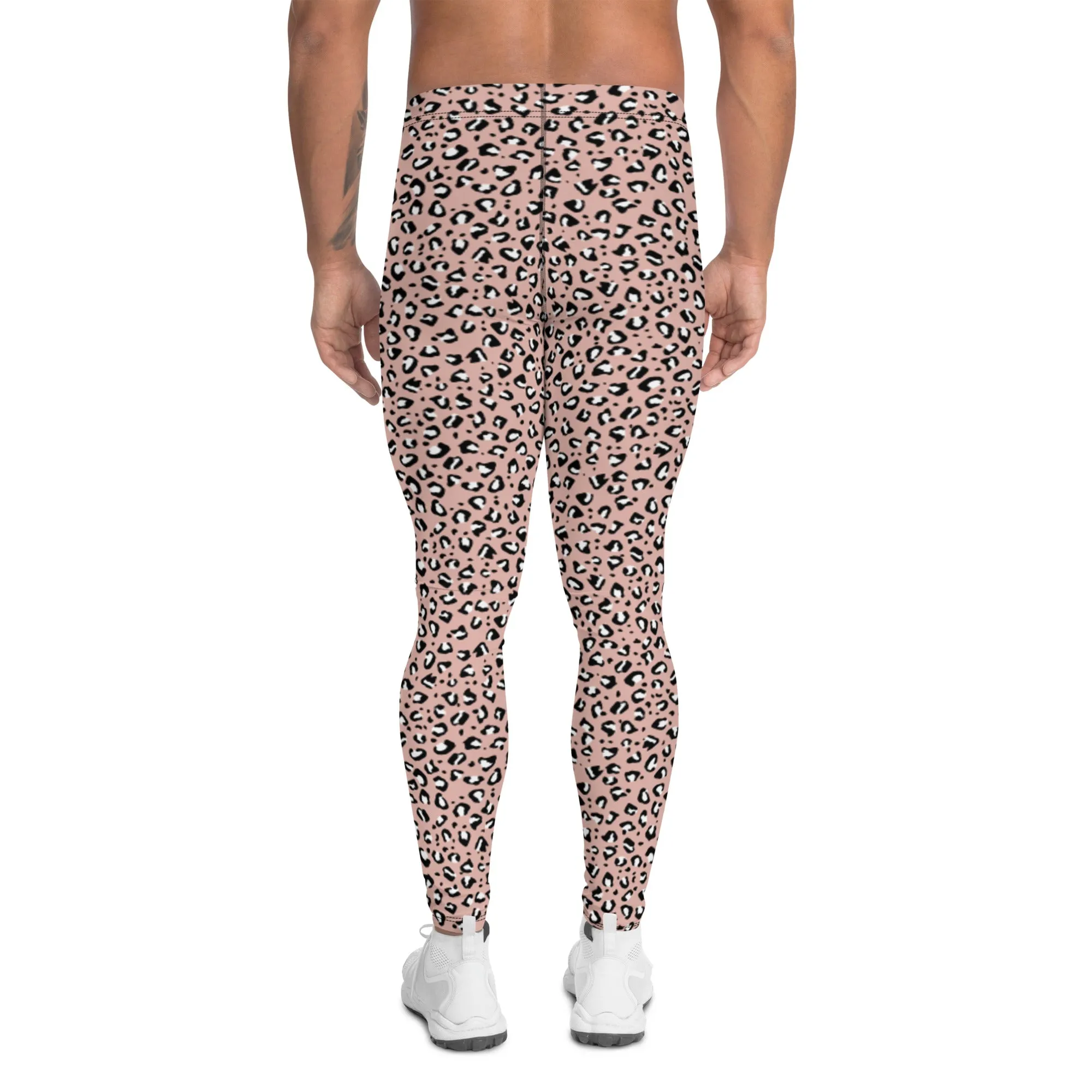 Pink Leopard Print Men's Leggings, Leopard Animal Print Best Premium Running Tights For Men - Made in USA/EU/MX