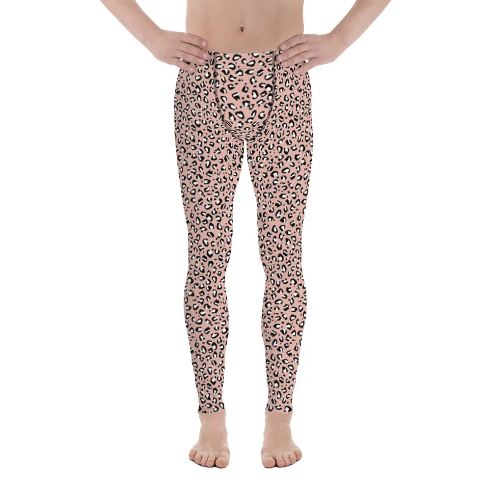 Pink Leopard Print Men's Leggings, Leopard Animal Print Best Premium Running Tights For Men - Made in USA/EU/MX