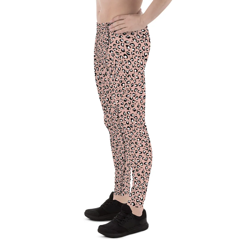 Pink Leopard Print Men's Leggings, Leopard Animal Print Best Premium Running Tights For Men - Made in USA/EU/MX