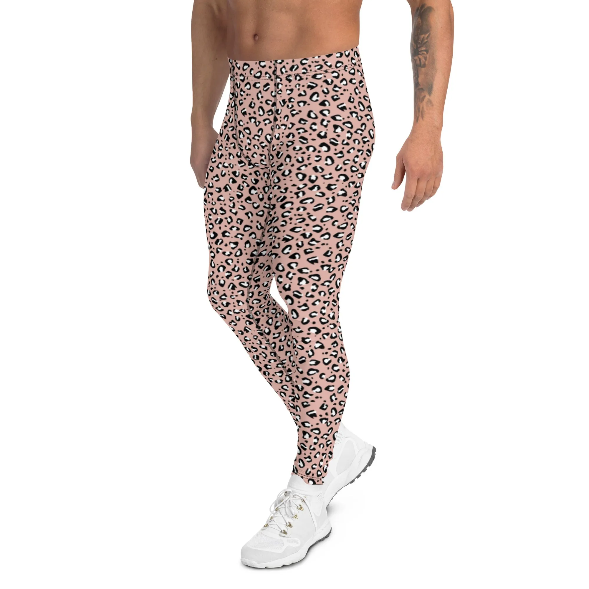 Pink Leopard Print Men's Leggings, Leopard Animal Print Best Premium Running Tights For Men - Made in USA/EU/MX