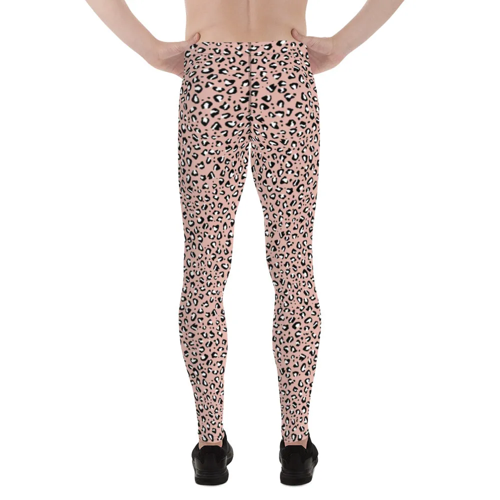 Pink Leopard Print Men's Leggings, Leopard Animal Print Best Premium Running Tights For Men - Made in USA/EU/MX