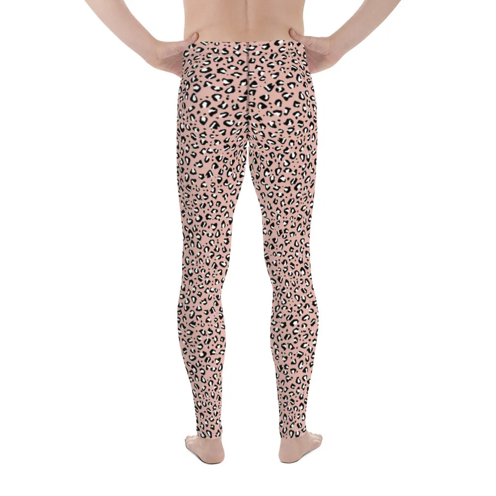 Pink Leopard Print Men's Leggings, Leopard Animal Print Best Premium Running Tights For Men - Made in USA/EU/MX