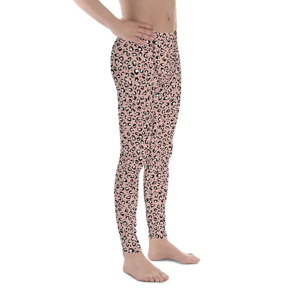 Pink Leopard Print Men's Leggings, Leopard Animal Print Best Premium Running Tights For Men - Made in USA/EU/MX