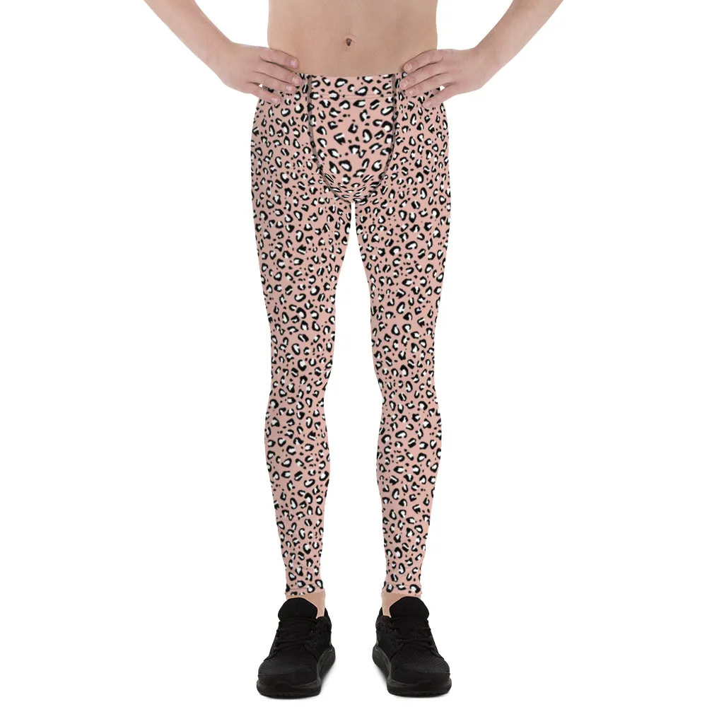 Pink Leopard Print Men's Leggings, Leopard Animal Print Best Premium Running Tights For Men - Made in USA/EU/MX