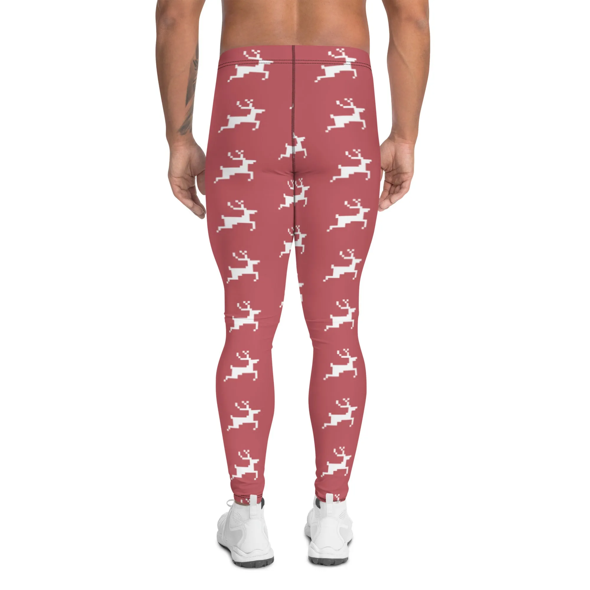 Pink Reindeer Christmas Men's Leggings, Pink Xmas Designer Men's Leggings-Made in USA/MX/EU