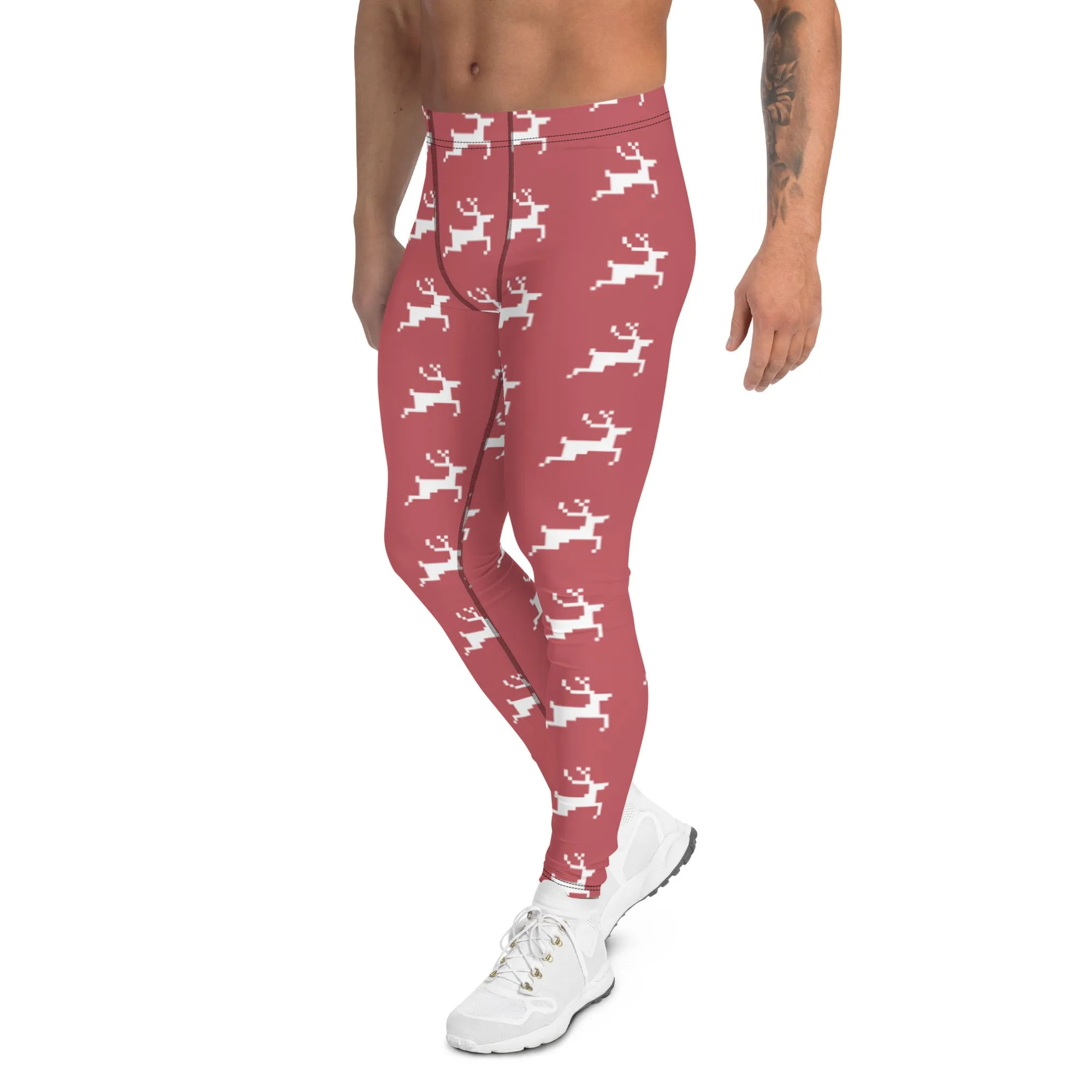 Pink Reindeer Christmas Men's Leggings, Pink Xmas Designer Men's Leggings-Made in USA/MX/EU