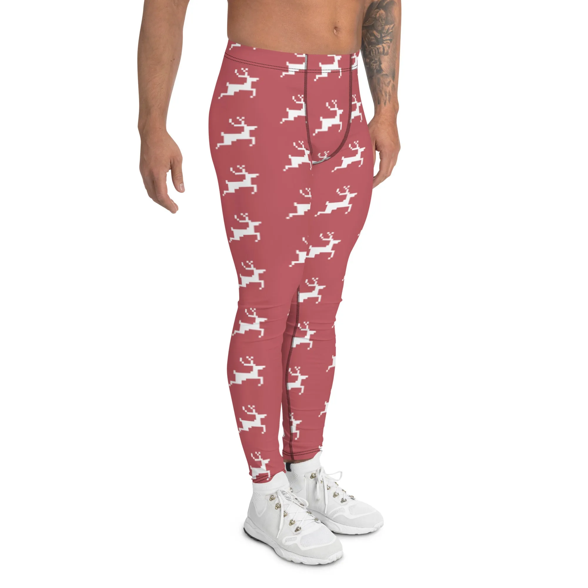 Pink Reindeer Christmas Men's Leggings, Pink Xmas Designer Men's Leggings-Made in USA/MX/EU