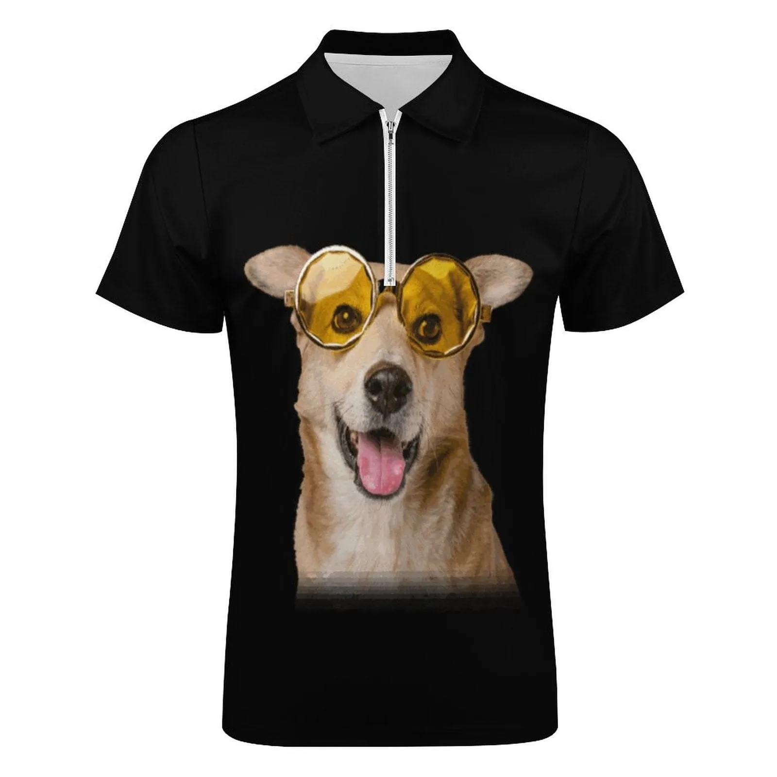 #Plus-Size Custom Face Pet Glasses Dog Men's Short Sleeve Polo Shirt Personalized Zipper All Over Print Golf Shirt