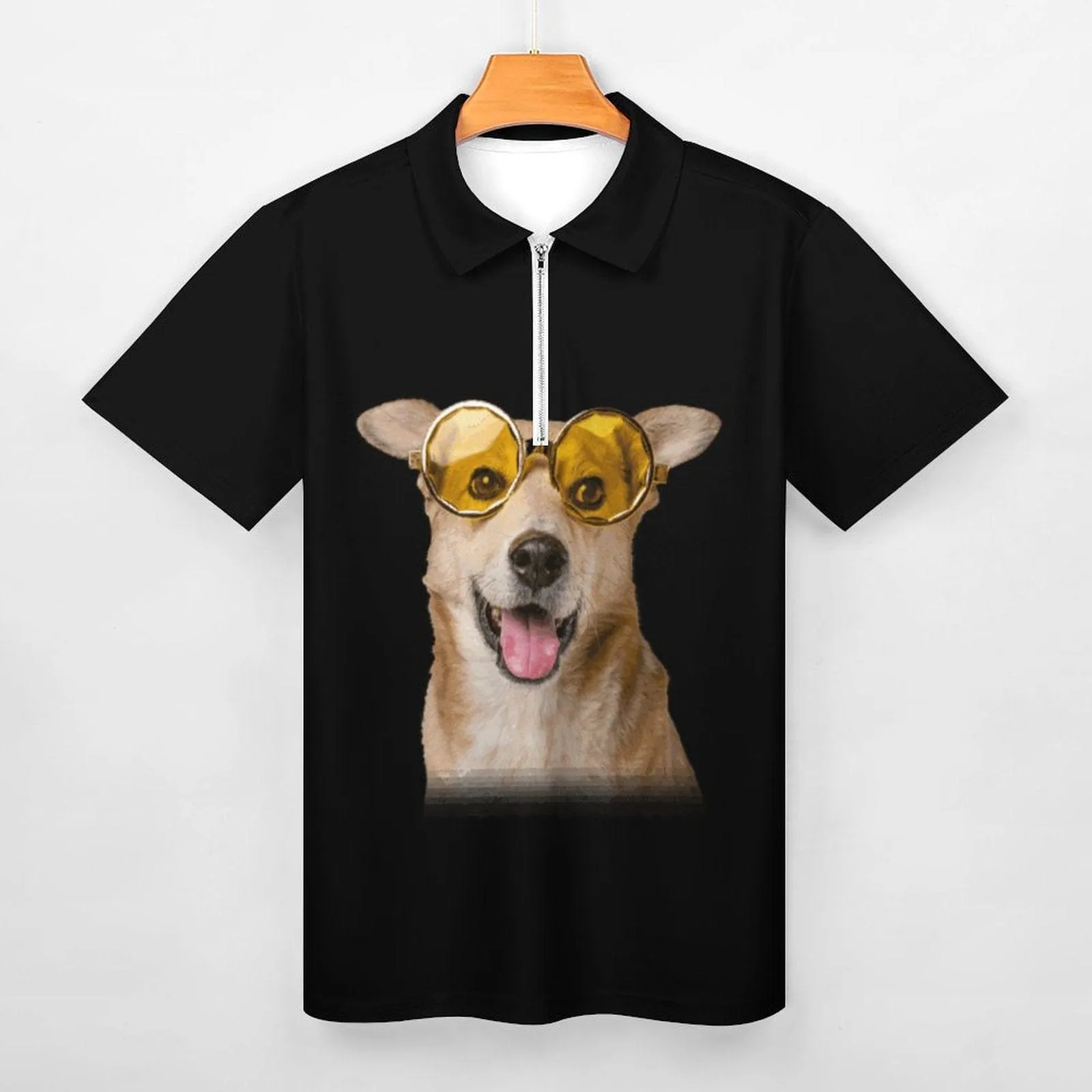 #Plus-Size Custom Face Pet Glasses Dog Men's Short Sleeve Polo Shirt Personalized Zipper All Over Print Golf Shirt