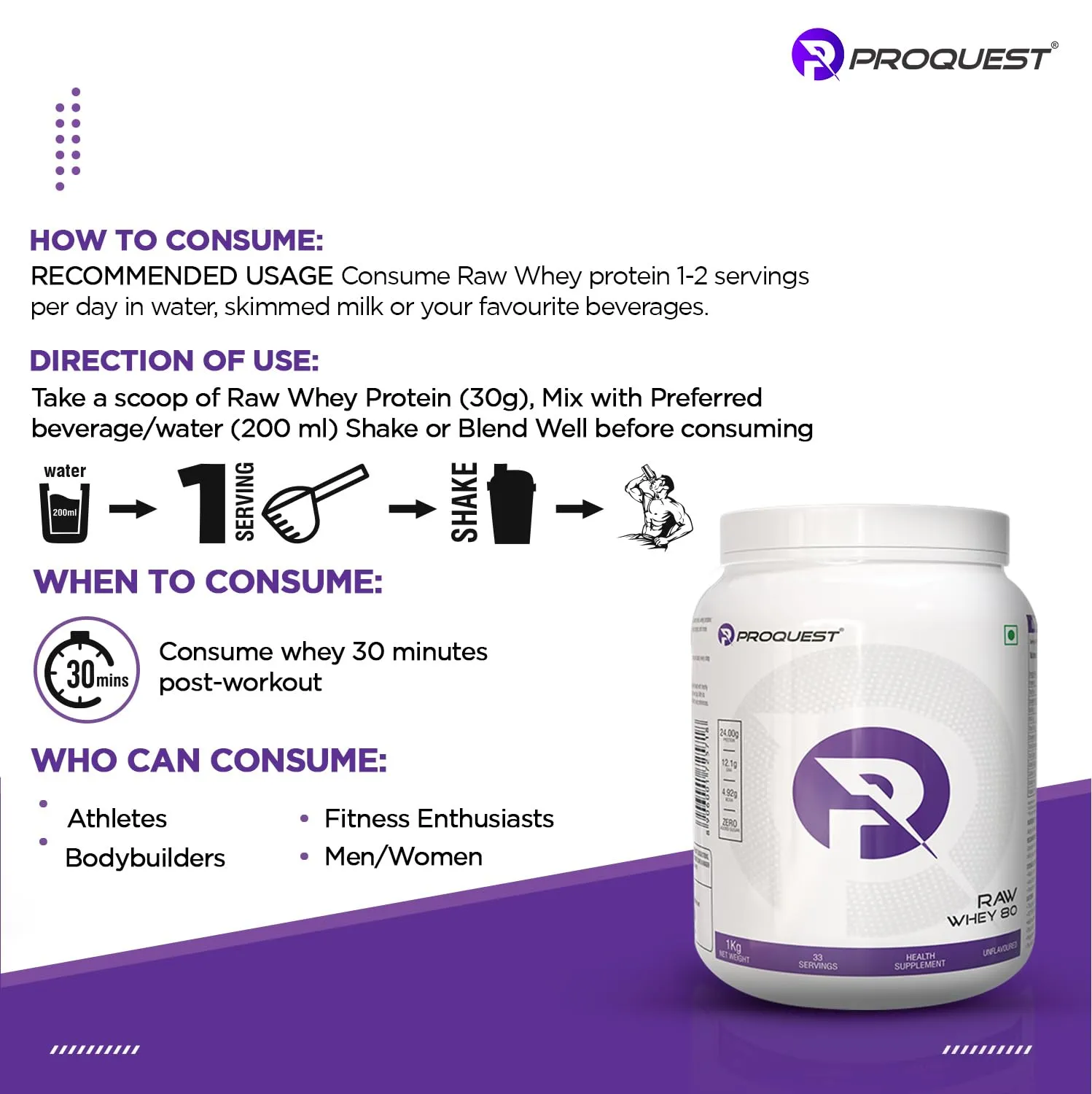 ProQuest Raw Whey Protein Concentrate (Unflavoured, 1KG / 2.2 lb / 33 Servings) | 24g Protein Per Scoop | 4.9g BCAA & 12.1g EAA | Lab Tested & Easily Digestive | Faster Muscle Support & Recovery