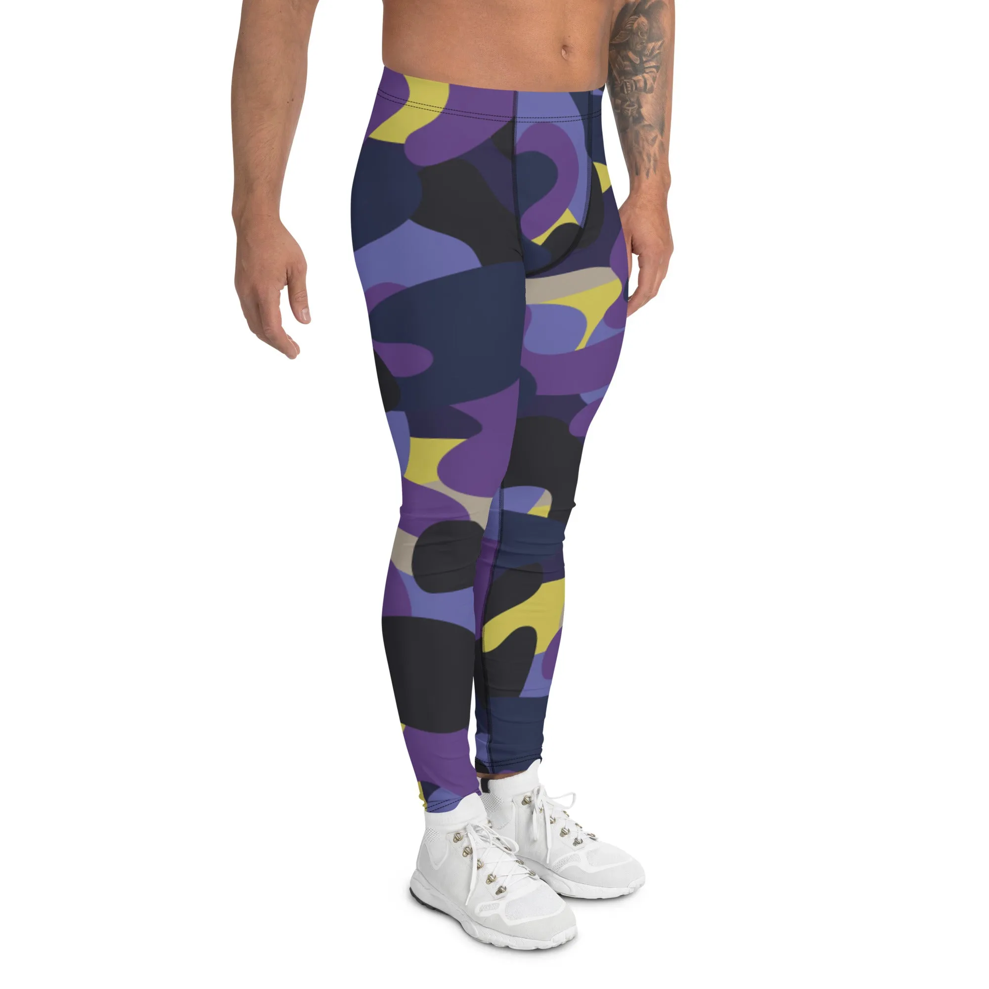 Purple Yellow Camo Men's Leggings, Purple Yellow Camouflaged Military Print Best Designer Men's Leggings - Made in USA/EU/MX