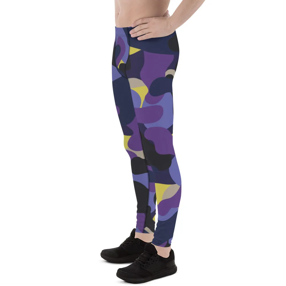 Purple Yellow Camo Men's Leggings, Purple Yellow Camouflaged Military Print Best Designer Men's Leggings - Made in USA/EU/MX