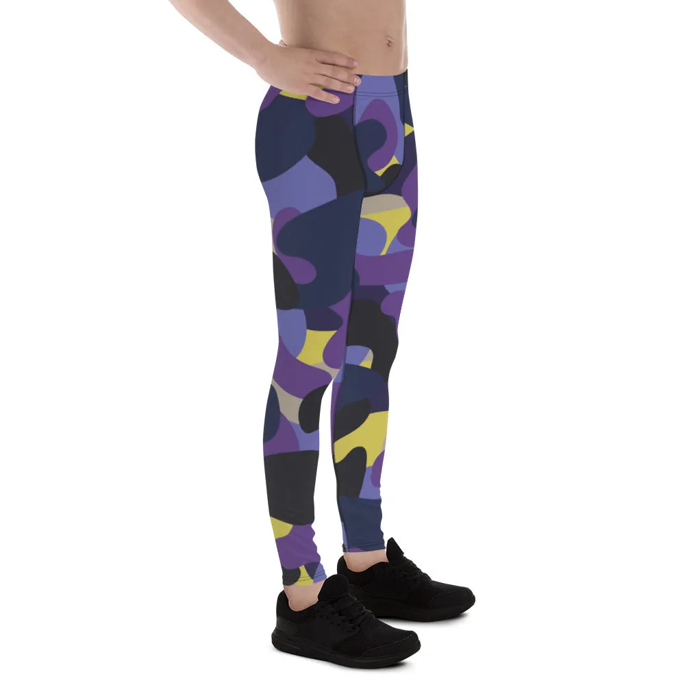 Purple Yellow Camo Men's Leggings, Purple Yellow Camouflaged Military Print Best Designer Men's Leggings - Made in USA/EU/MX