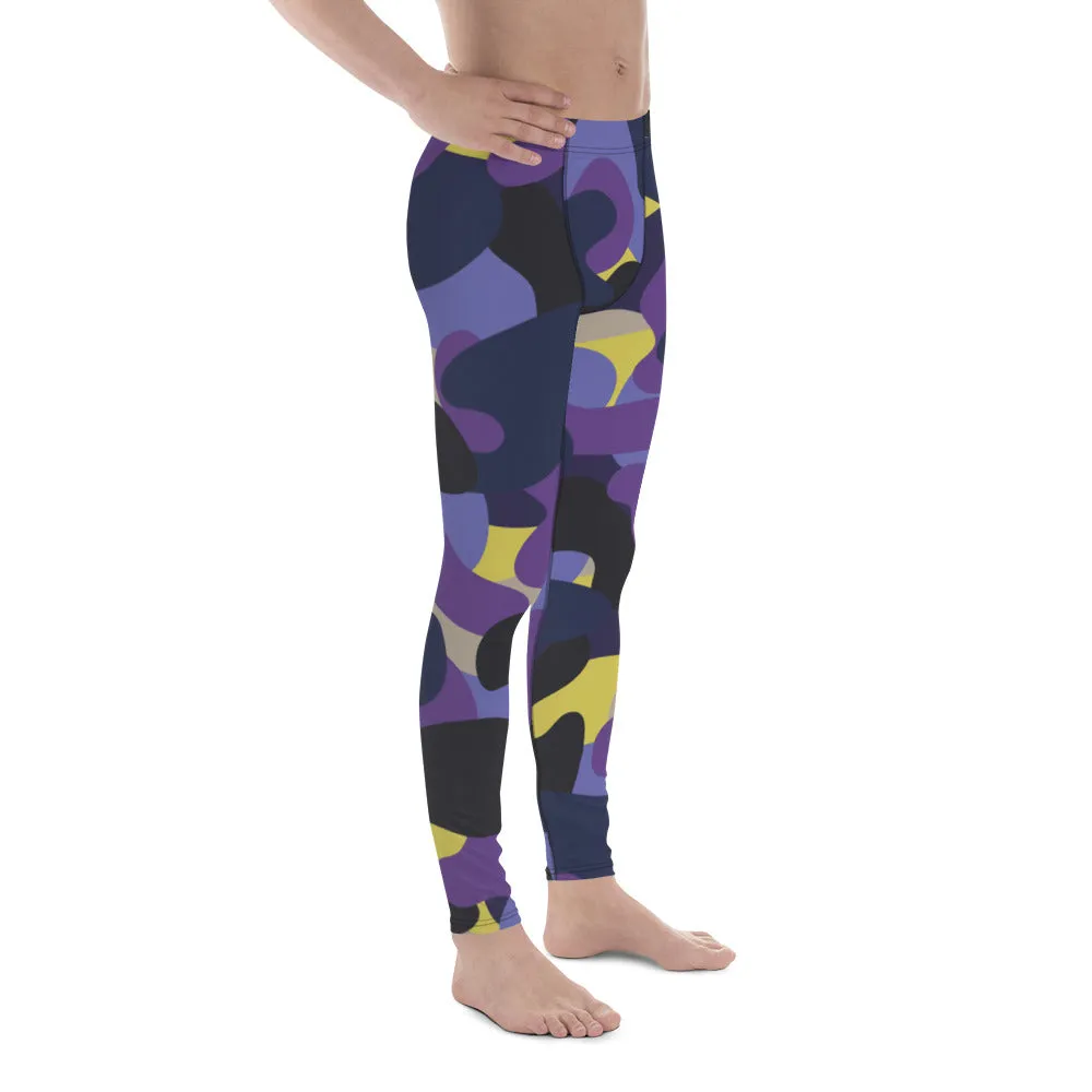 Purple Yellow Camo Men's Leggings, Purple Yellow Camouflaged Military Print Best Designer Men's Leggings - Made in USA/EU/MX