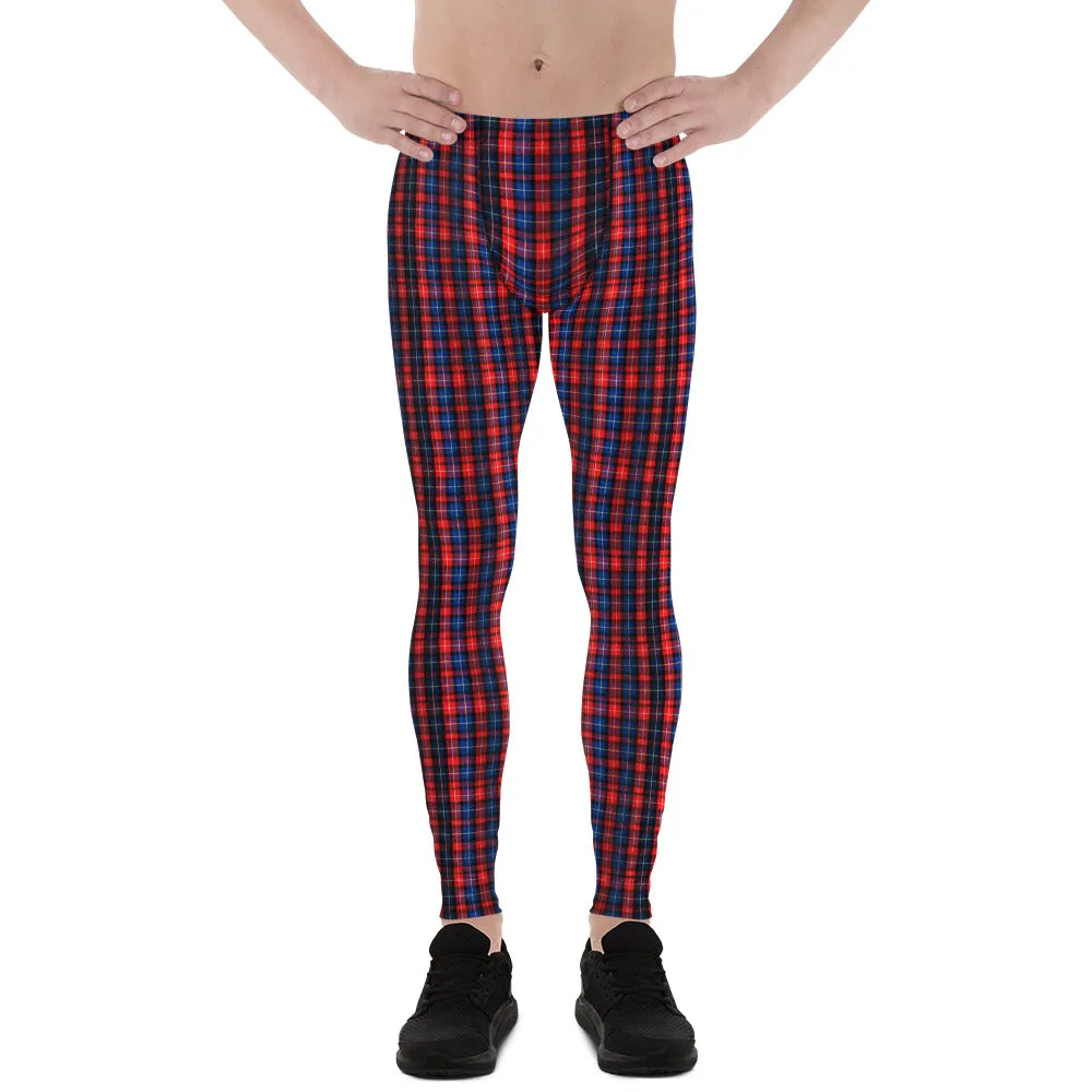 Red Blue Plaid Men's Leggings, Tartan Print Men Run Compression Tights-Made in USA/EU