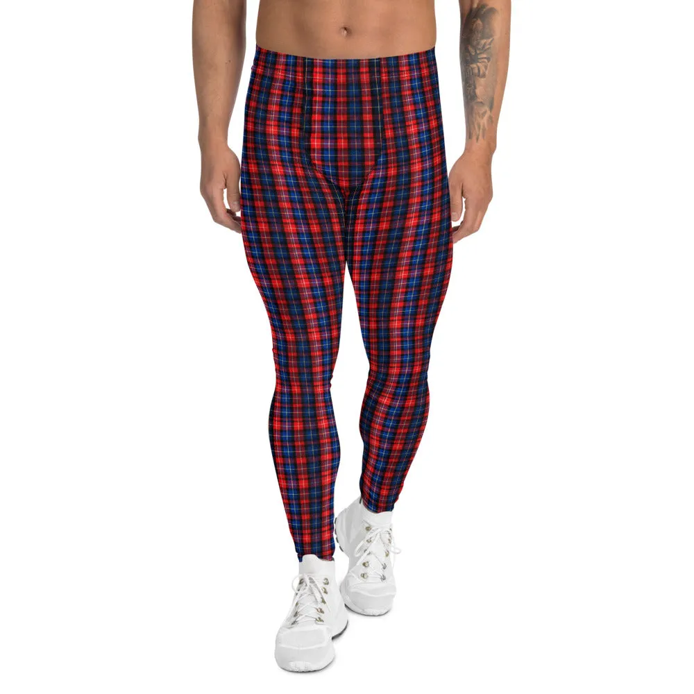 Red Blue Plaid Men's Leggings, Tartan Print Men Run Compression Tights-Made in USA/EU