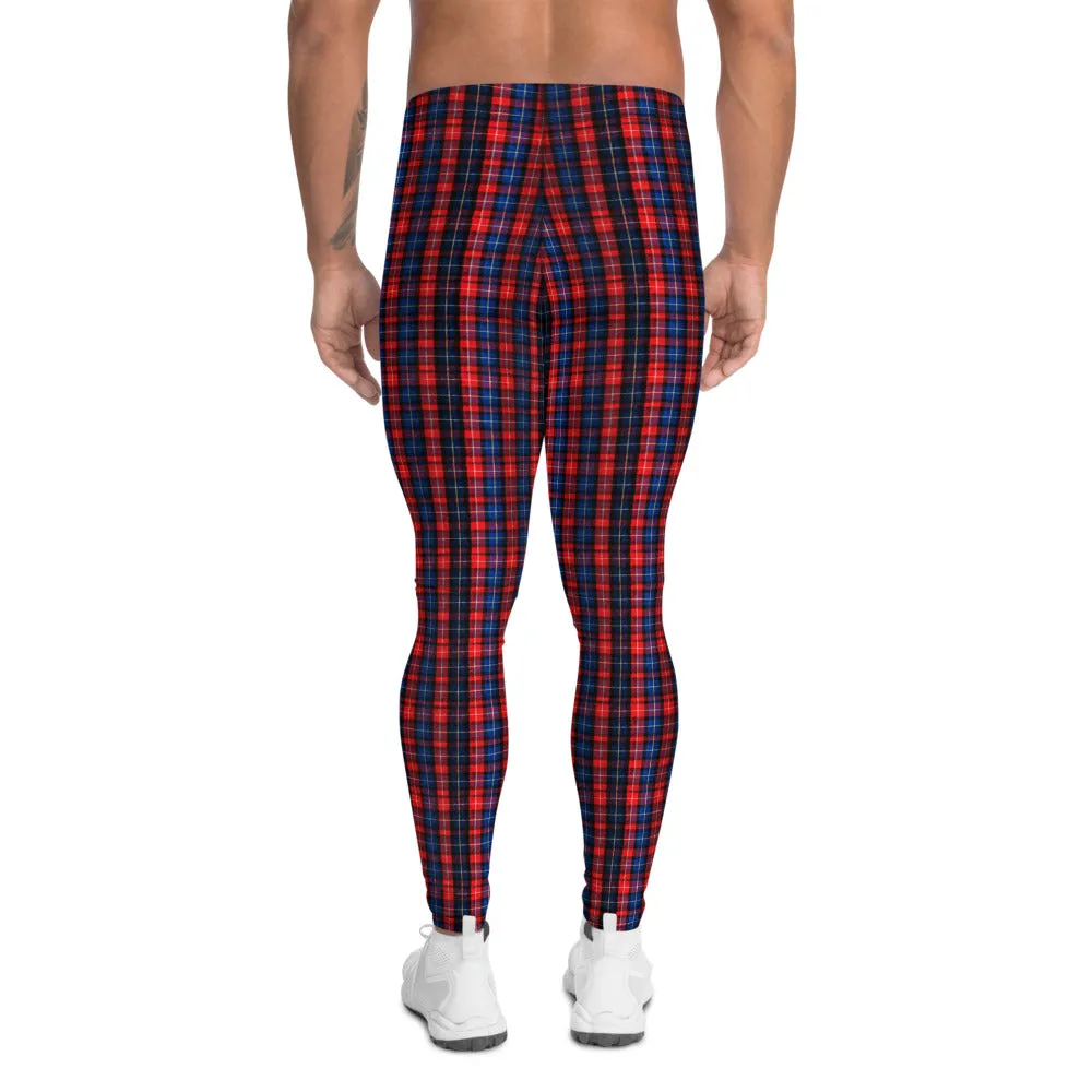 Red Blue Plaid Men's Leggings, Tartan Print Men Run Compression Tights-Made in USA/EU