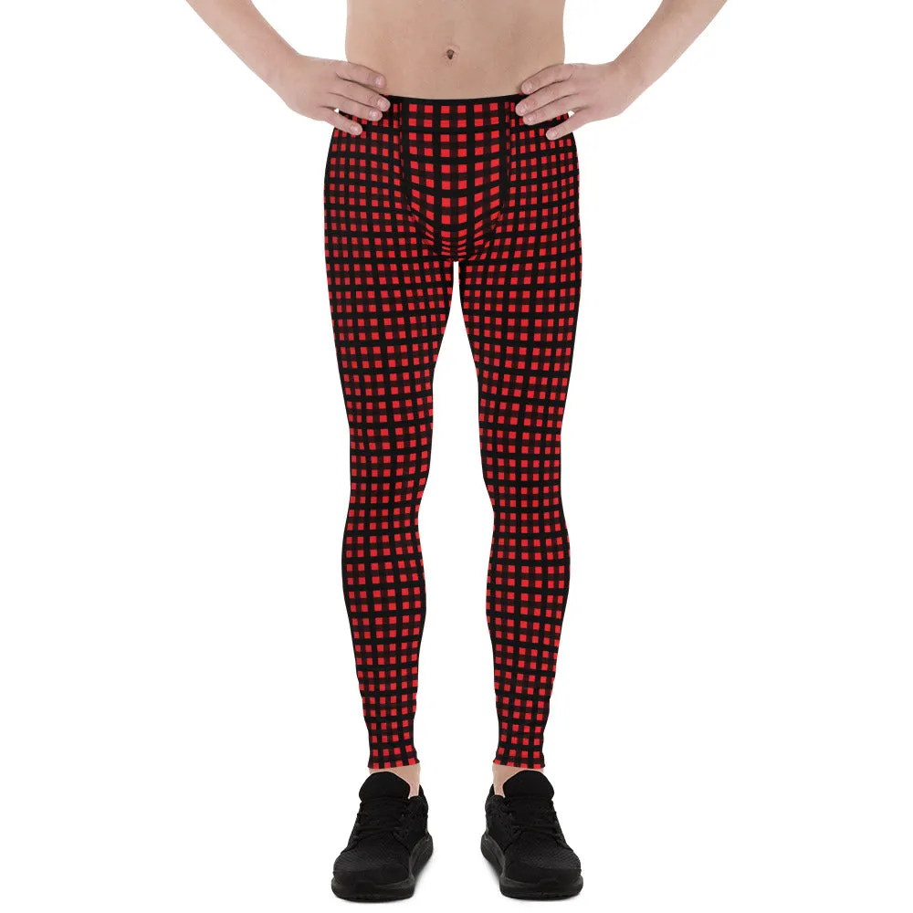 Red Buffalo Plaid Print Meggings, Premium Men's Leggings Run Tights- Made in USA/EU