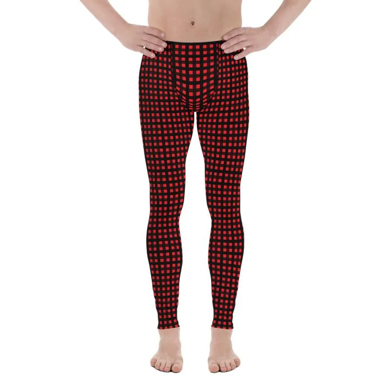 Red Buffalo Plaid Print Meggings, Premium Men's Leggings Run Tights- Made in USA/EU