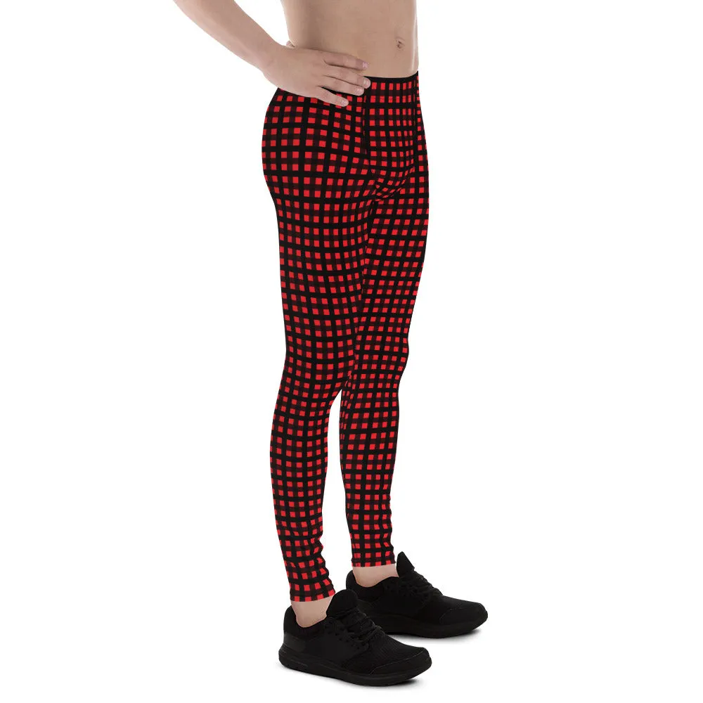 Red Buffalo Plaid Print Meggings, Premium Men's Leggings Run Tights- Made in USA/EU