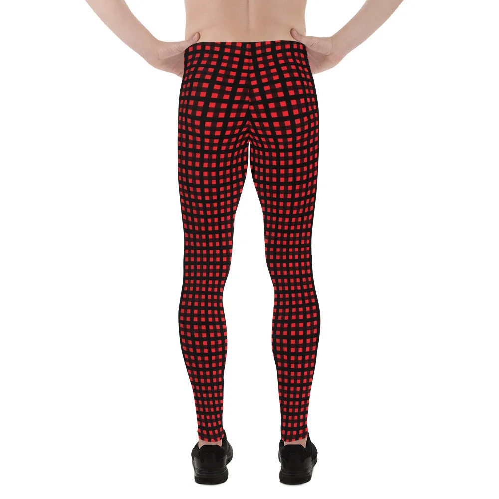 Red Buffalo Plaid Print Meggings, Premium Men's Leggings Run Tights- Made in USA/EU