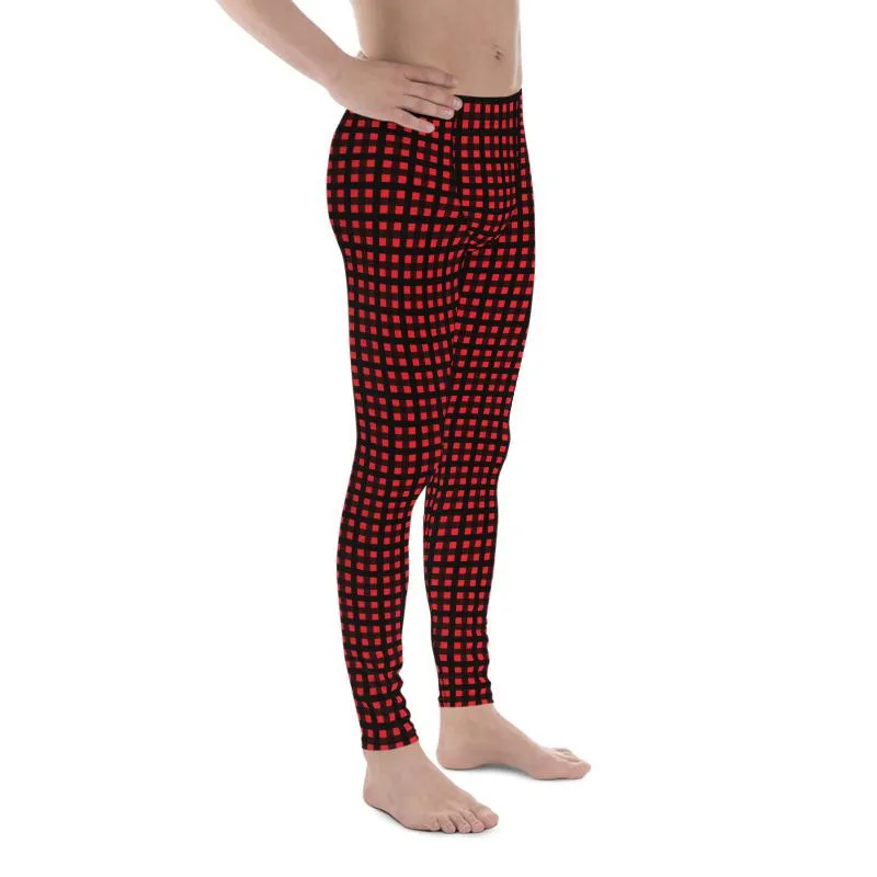 Red Buffalo Plaid Print Meggings, Premium Men's Leggings Run Tights- Made in USA/EU