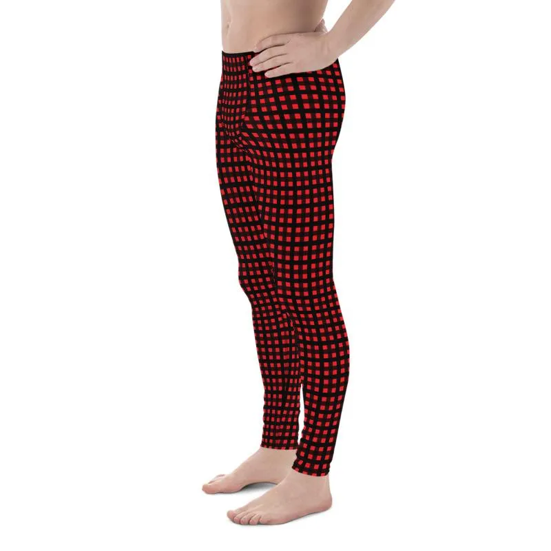 Red Buffalo Plaid Print Meggings, Premium Men's Leggings Run Tights- Made in USA/EU