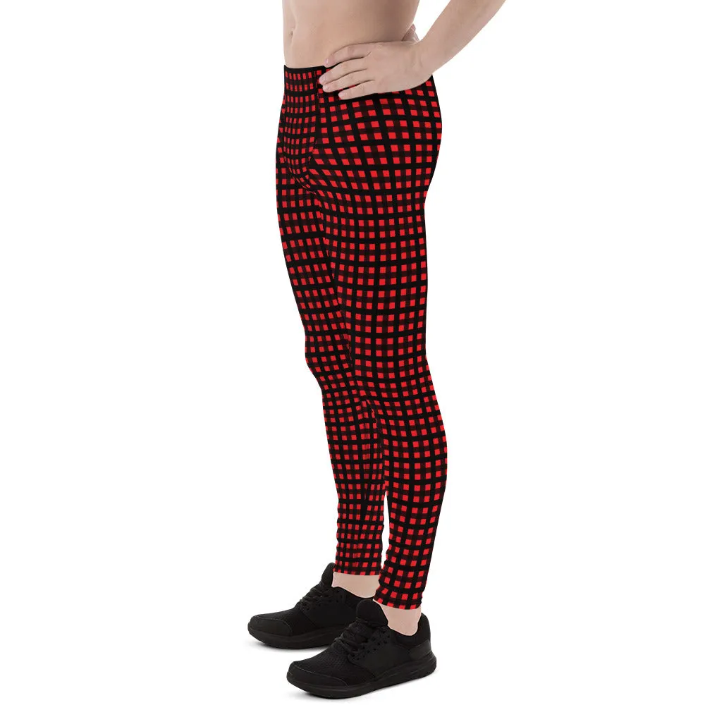 Red Buffalo Plaid Print Meggings, Premium Men's Leggings Run Tights- Made in USA/EU