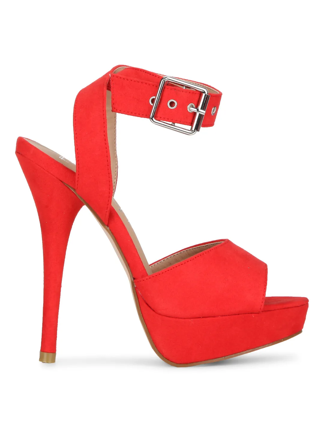 Red Microfibre Ankle Strap Stiletto Pumps