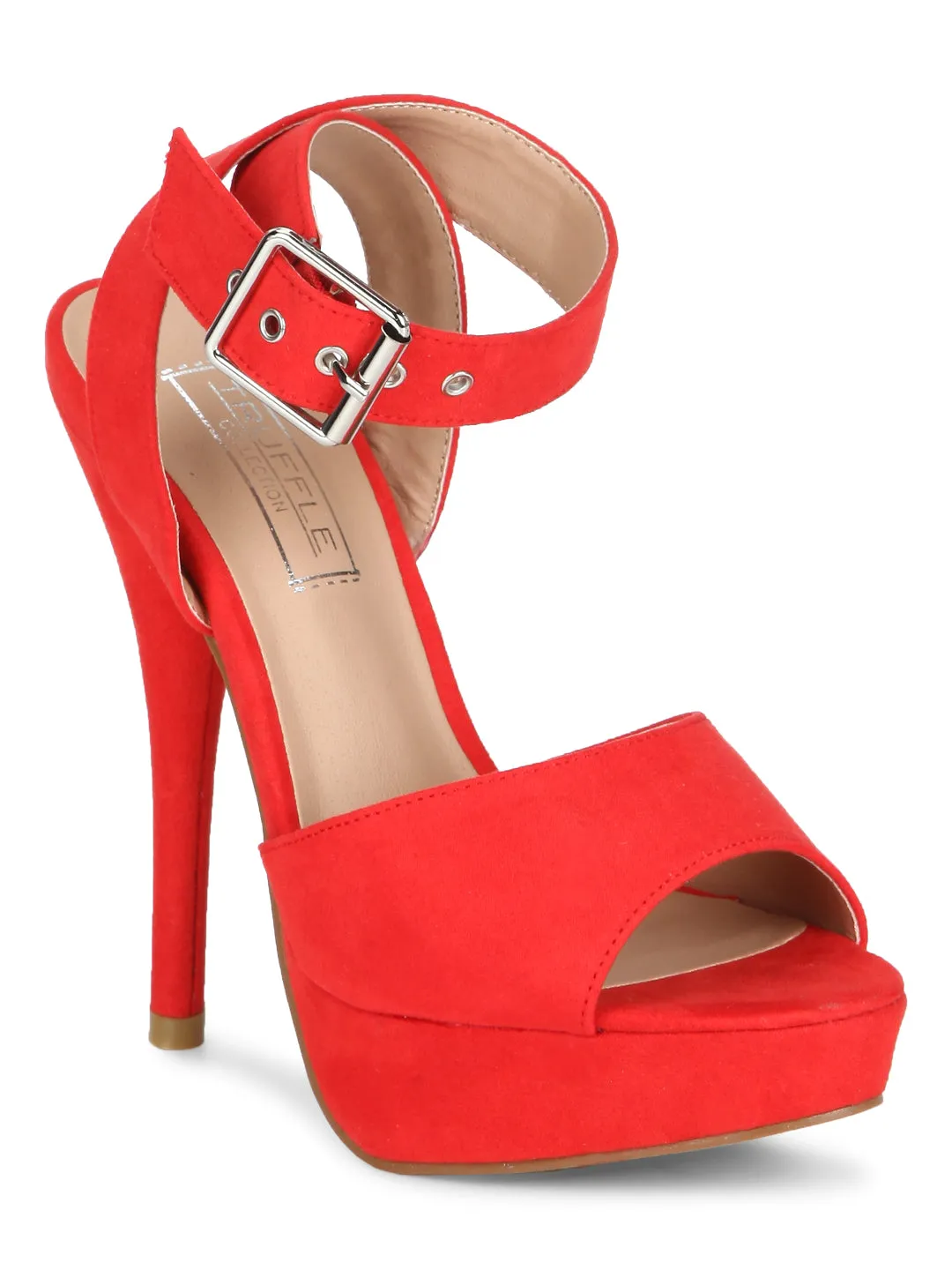 Red Microfibre Ankle Strap Stiletto Pumps