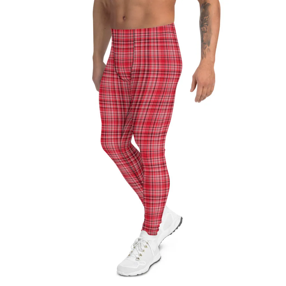 Red Plaid Men's Leggings, Tartan Print Preppy Men Compression Tights-Made in USA/EU