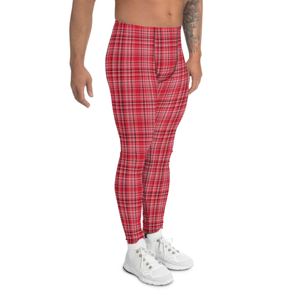 Red Plaid Men's Leggings, Tartan Print Preppy Men Compression Tights-Made in USA/EU