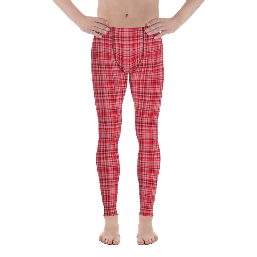 Red Plaid Men's Leggings, Tartan Print Preppy Men Compression Tights-Made in USA/EU