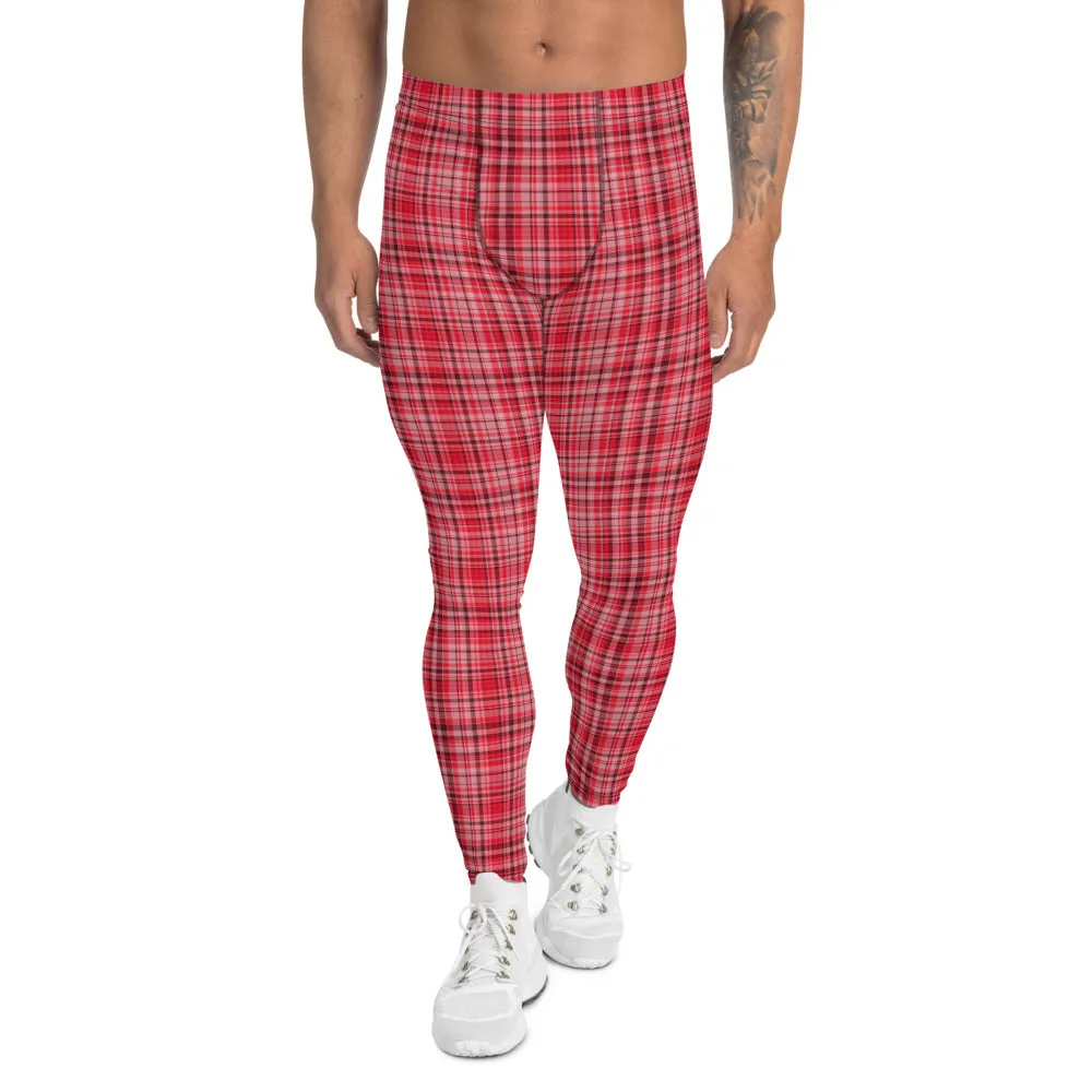 Red Plaid Men's Leggings, Tartan Print Preppy Men Compression Tights-Made in USA/EU