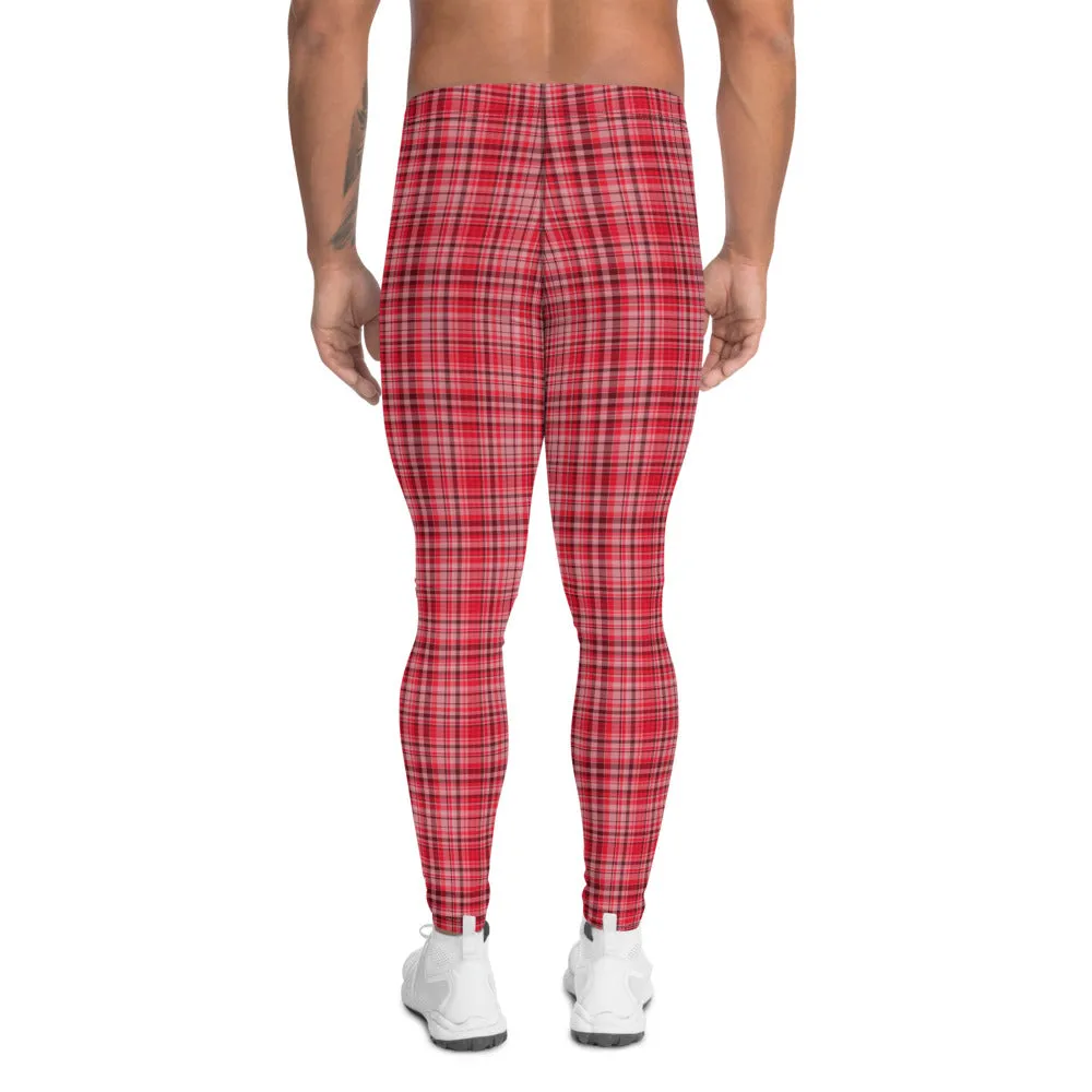 Red Plaid Men's Leggings, Tartan Print Preppy Men Compression Tights-Made in USA/EU