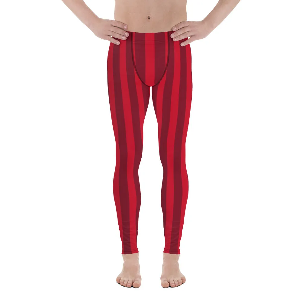 Red Striped Christmas Men's Leggings, Red Vertical Stripes Red Best Festive Best Holiday Tights For Men - Made in USA/EU/MX