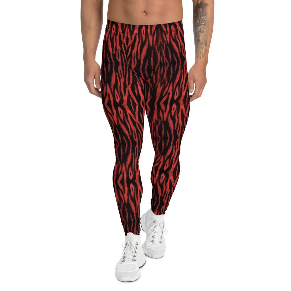 Red Tiger Striped Men's Leggings, Premium Animal Print Tiger Stripes Meggings-Made in USA/EU