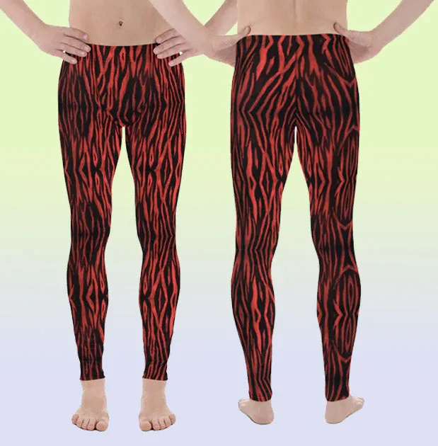 Red Tiger Striped Men's Leggings, Premium Animal Print Tiger Stripes Meggings-Made in USA/EU