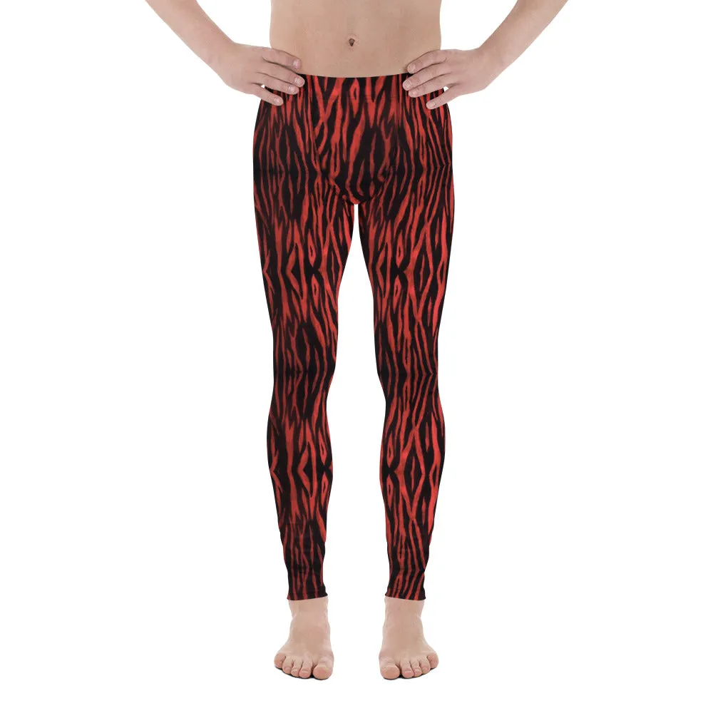 Red Tiger Striped Men's Leggings, Premium Animal Print Tiger Stripes Meggings-Made in USA/EU