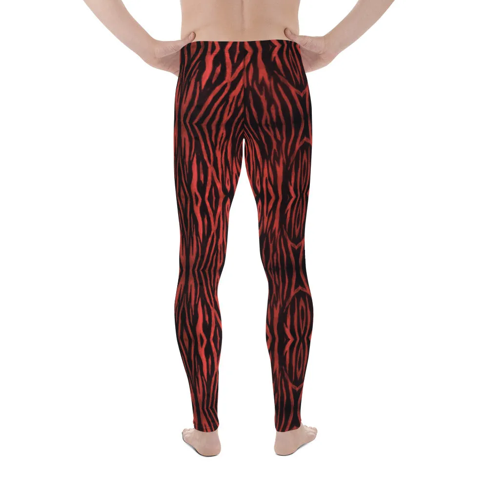 Red Tiger Striped Men's Leggings, Premium Animal Print Tiger Stripes Meggings-Made in USA/EU