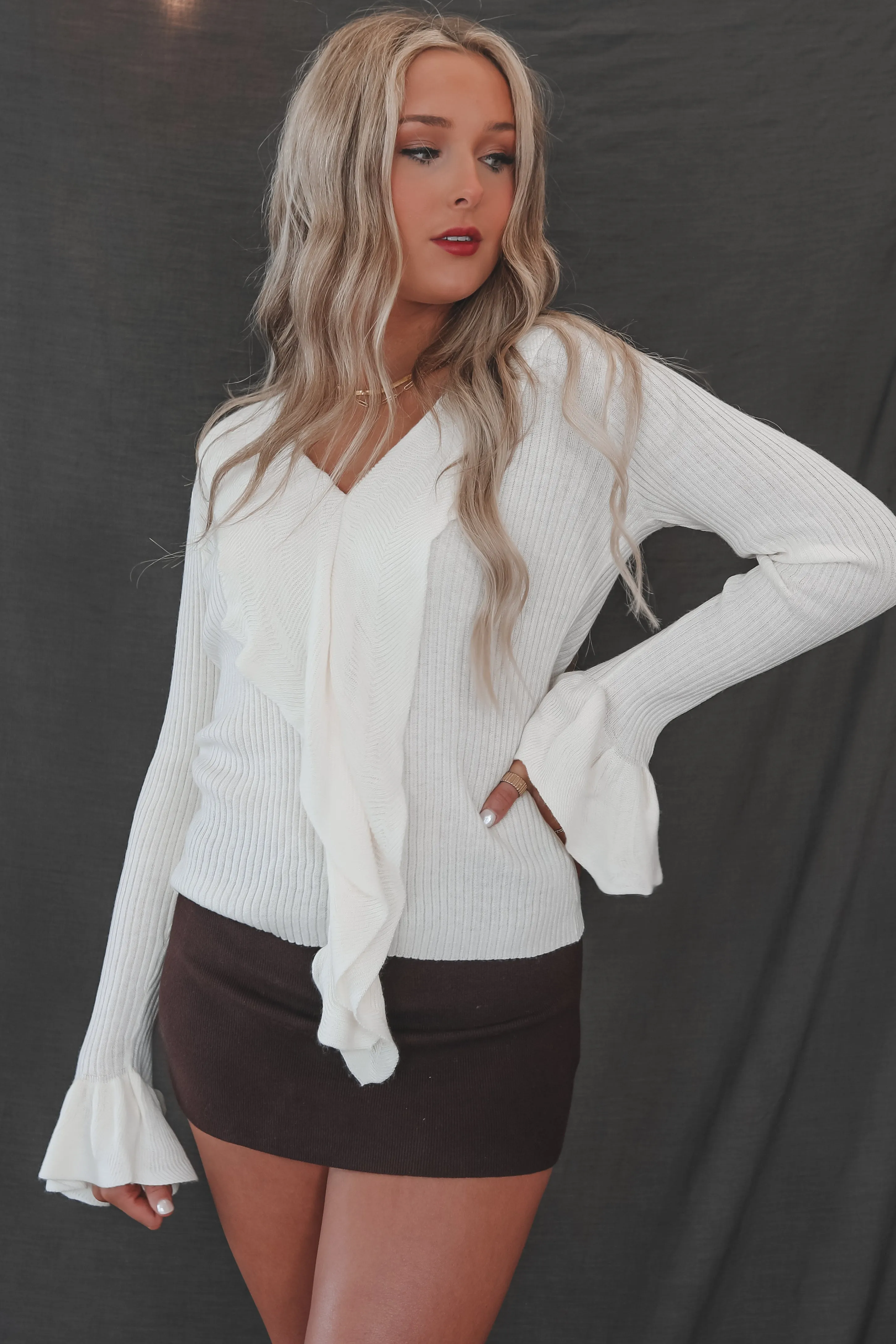 Sage The Label Petra Ruffled Ivory Sweater Top