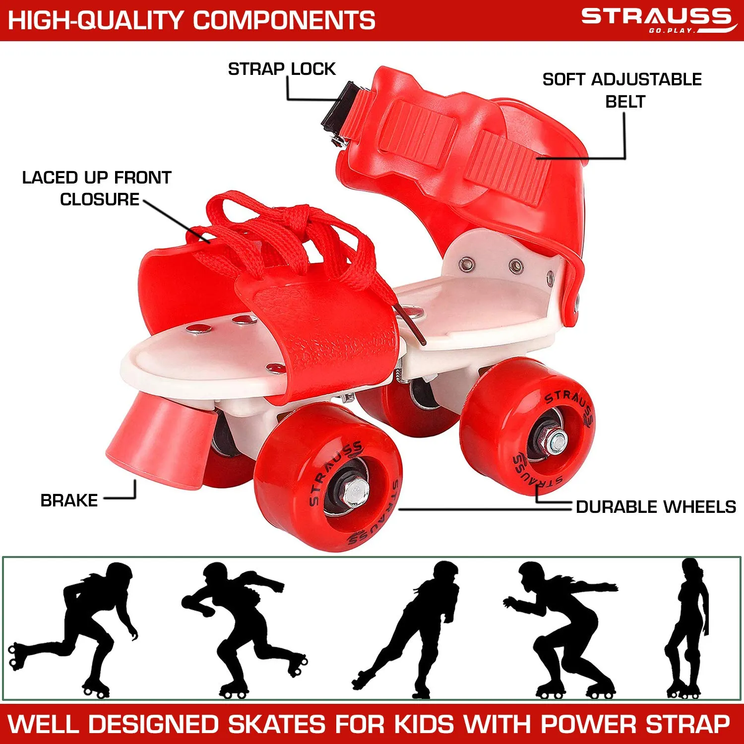 Strauss Kids Roller Skates, 5-11 Years, (Red)