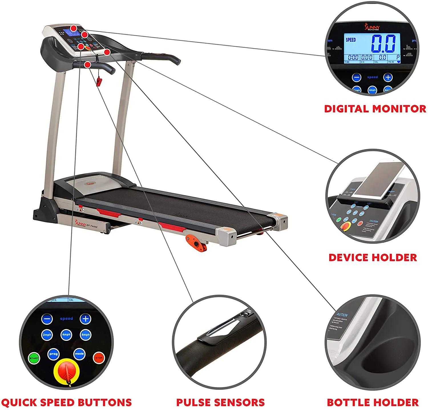 Sunny Health & Fitness Folding Treadmill with Device Holder, Shock Absorption and Incline