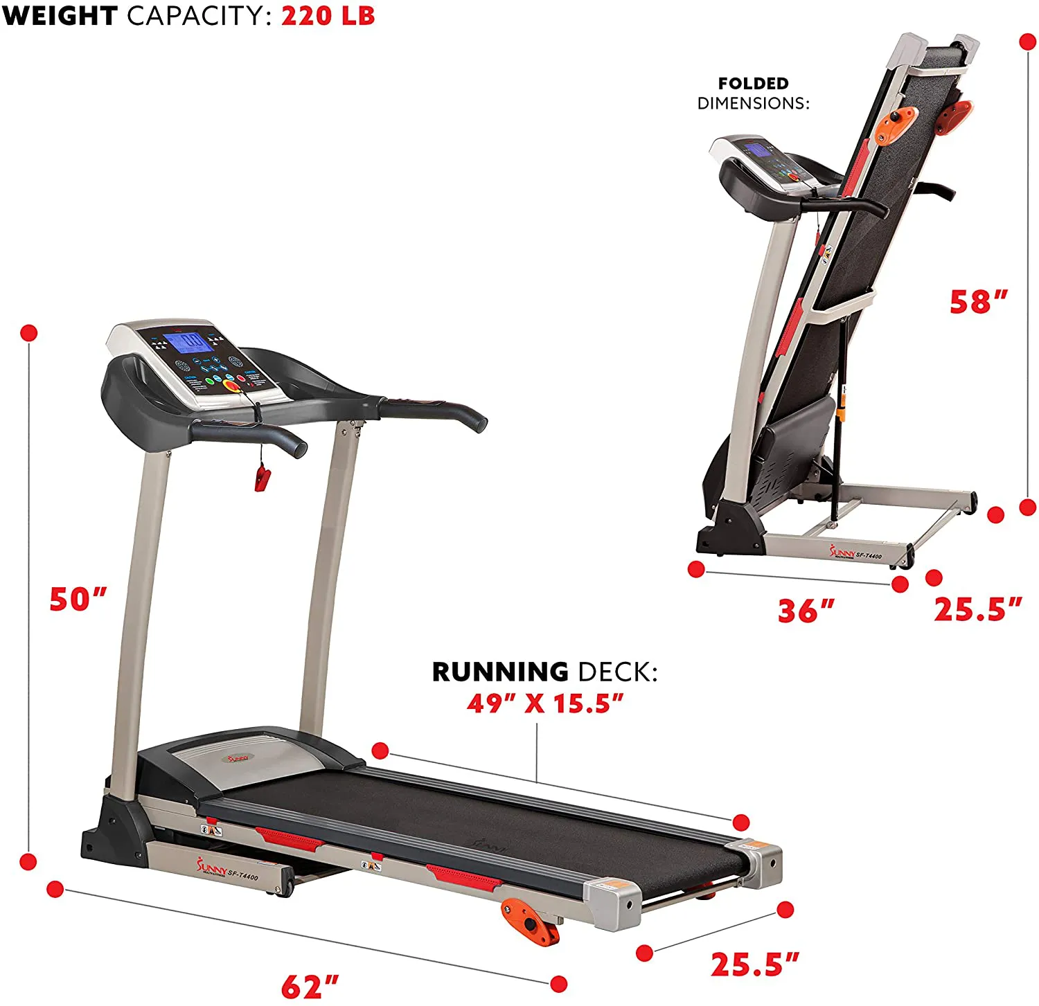 Sunny Health & Fitness Folding Treadmill with Device Holder, Shock Absorption and Incline