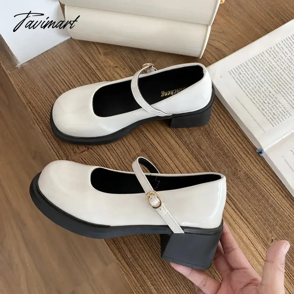 TAVIMART -  Designer Women Mary Jane Shoes Women Vintage Girls JK Thick Heel Shoes Spring Ladies Elgant Black Leather Pumps