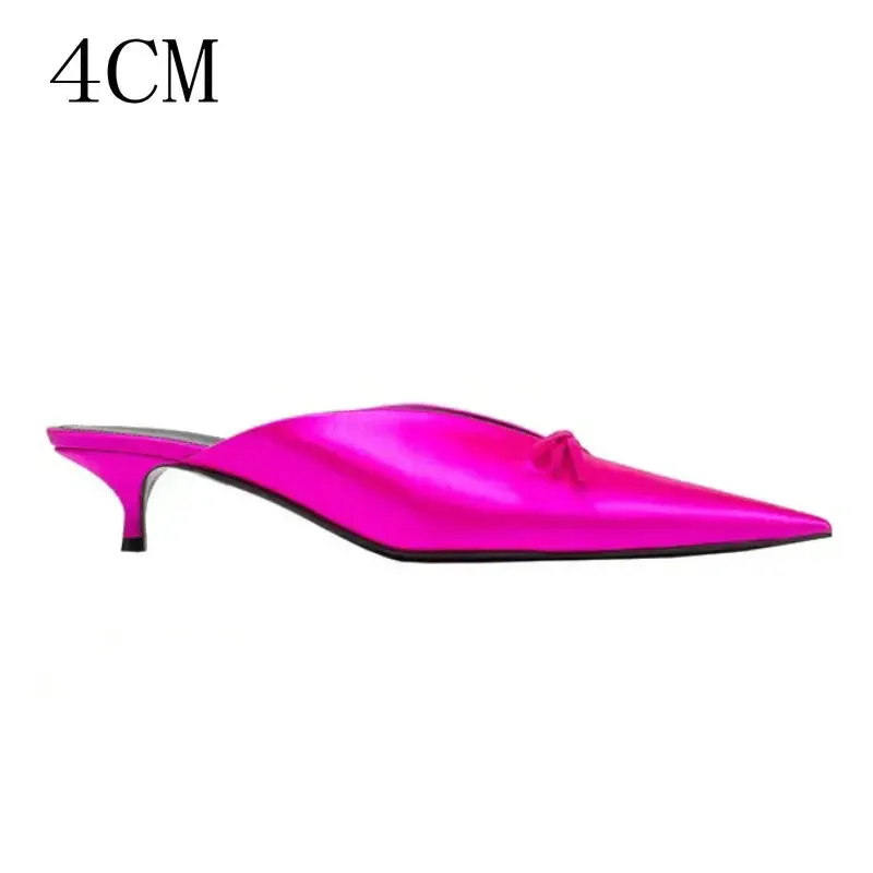 TAVIMART  -  Super Hot Pointy Bow V-Top Skinny Heel Bun Towing Summer Muller Shoes Fashion Leather Low Heel Pumps