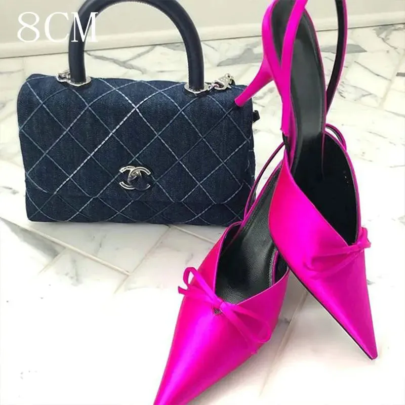 TAVIMART  -  Super Hot Pointy Bow V-Top Skinny Heel Bun Towing Summer Muller Shoes Fashion Leather Low Heel Pumps